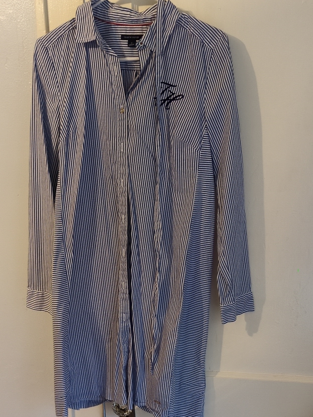 Tommy Hilfiger Blue & White Striped Long Button-Down Shirt Dress